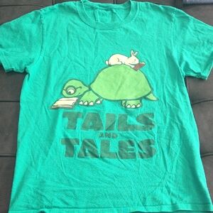 Green T-Shirt with Turtle and Rabbit Graphic